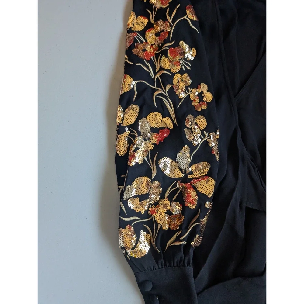 Defect Tory Burch EMBROIDERED WRAP Midi DRESS Sz 2 Golden Sequins Black #2A458